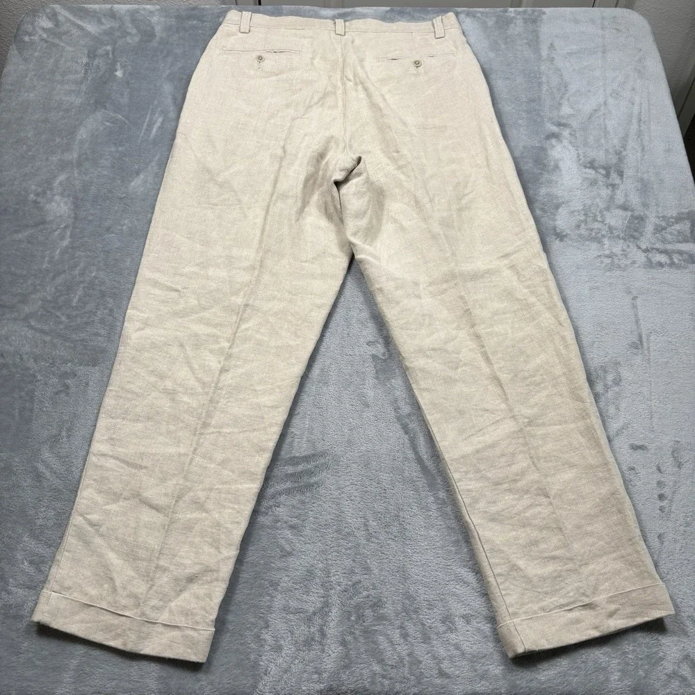 Eddie Bauer 100% Linen Pants Men's 35x32 Beige Pleated Chino Coastal Old Money